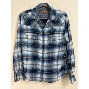 Jachs Girlfriend XL Shades of Blue Plaid Flannel Shirt Pearl Snap Western 100% C